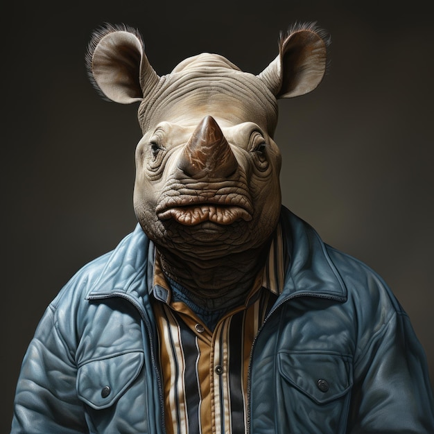 Funny Rhinoceros With A Blue Jacket And Sunglasses