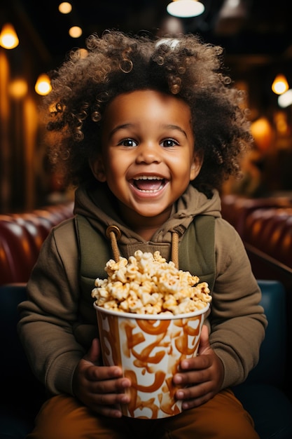 Funny and ridiculous African American child boy eats caramel popcorn