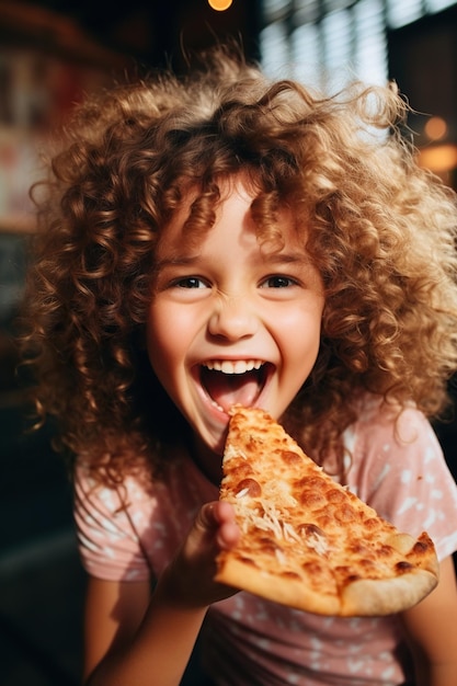 Funny and ridiculous child girl eats slice of pizza