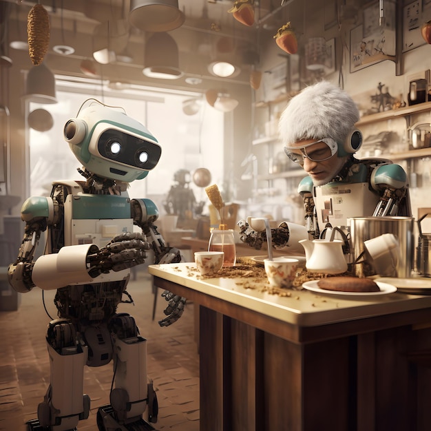 a funny robot waiter in a cafe prepares coffee and cakes fulfilling a customer's order Service and