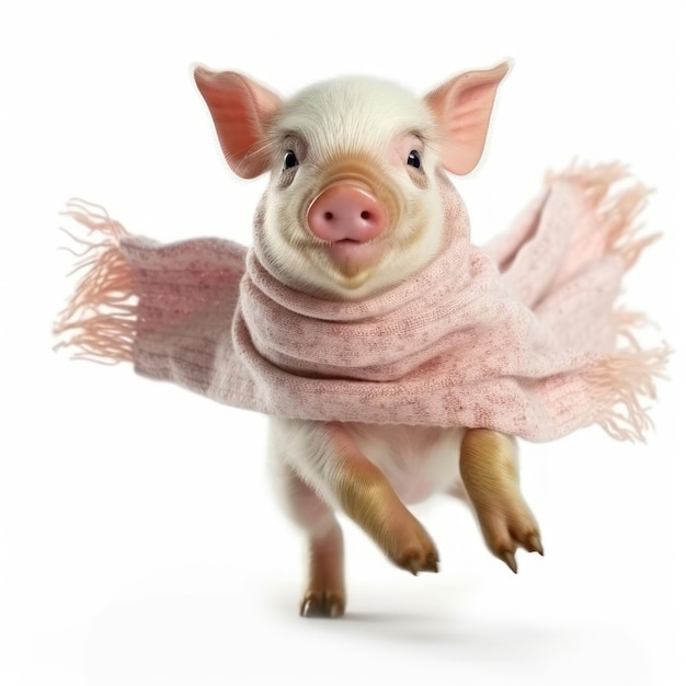 Photo funny running piglet in scarf