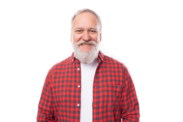 Funny s middle aged mature man in stylish shirt on white background with copy space