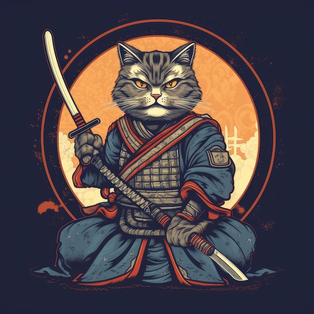 Funny Samurai Cat Cartoon