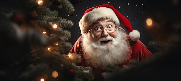 A funny Santa Claus with a look of surprise on his face and wideopen eyes near the Christmas tree