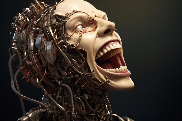 Funny and scary laughing cyborg with empty copy space