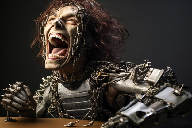 Photo funny and scary laughing cyborg with empty copy space