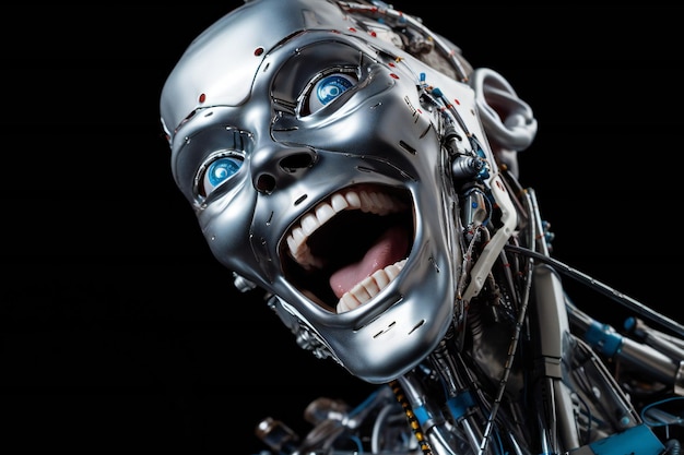 Photo funny and scary laughing cyborg with empty copy space