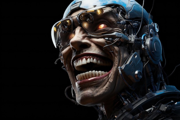 Funny and scary laughing cyborg with empty copy space