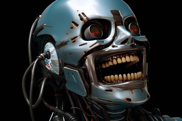 Funny and scary laughing cyborg with empty copy space