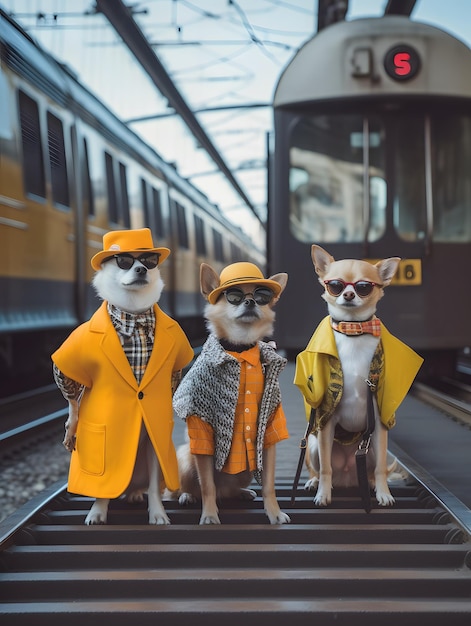 A funny scene plays out as animals in sunglasses pose close to a train station Generative AI