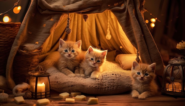 Забавная сцена, где очаровательные котята собираются с одеял, окруженных мягкими подушками.