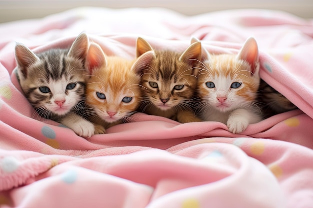 Funny scene where the adorable kittens gather from the blankets surrounded by soft pillows