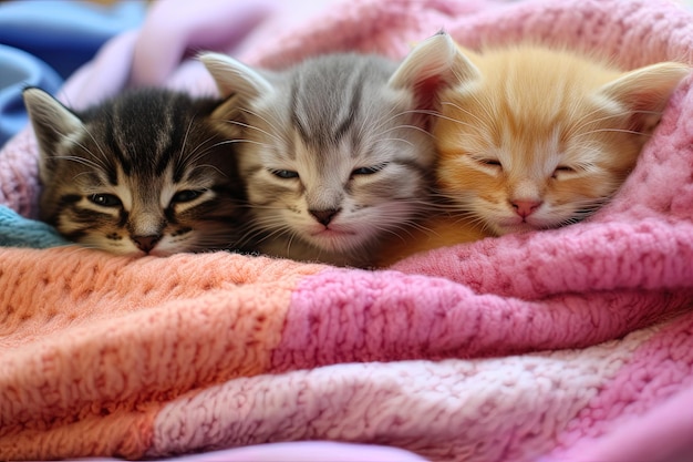 푹신한 베개에 둘러싸인 이불 속으로 귀여운 새끼 고양이들이 모여드는 웃긴 장면