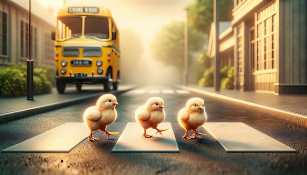Funny scene with Three cute yellow chickens crossing street over pedestrian crossing