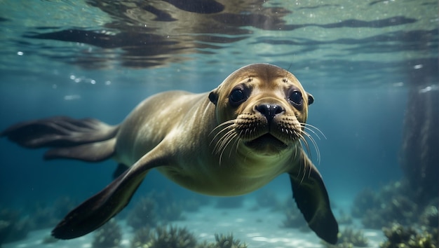 Funny sea lion swimming underwater in the ocean Animal theme