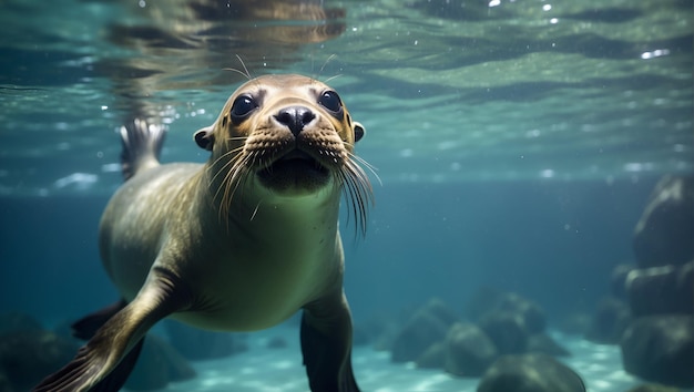 Funny sea lion swimming underwater in the ocean Animal theme