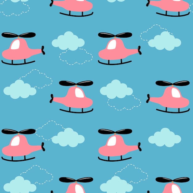 Funny seamless print with helicopter and cloudy drawn by children