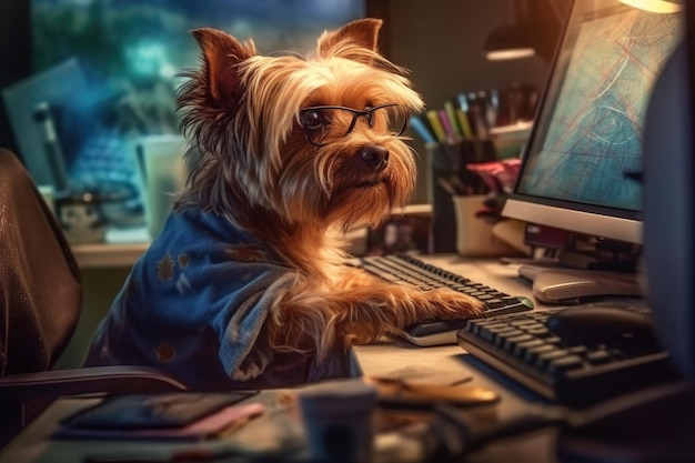 ジェネレーティブ AI テクノロジーで作られた、面白い真面目な犬の IT スペシャリスト