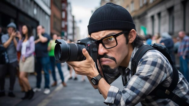 Funny serious looking male photographer in black beanie glasses and checked shirt pointing professi