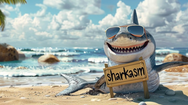 Photo funny shark with sunglasses holding a sign with the word sharkasm sarcasm background