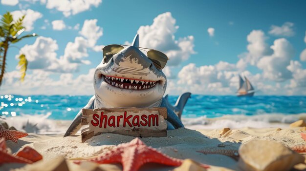 Funny Shark With Sunglasses Holding A Sign With The Word Sharkasm Sarcasm Background