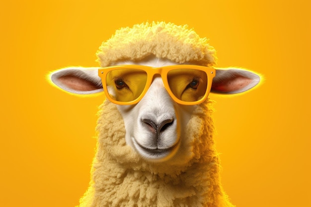 A funny sheep head with sunglasses on a sunny yellow background ideal for summerthemed representations generative ai