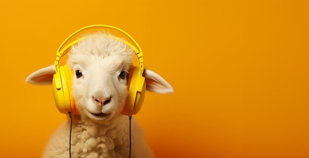 Funny sheep in headphones listening to a podcast or music on a yellow background high quality photo