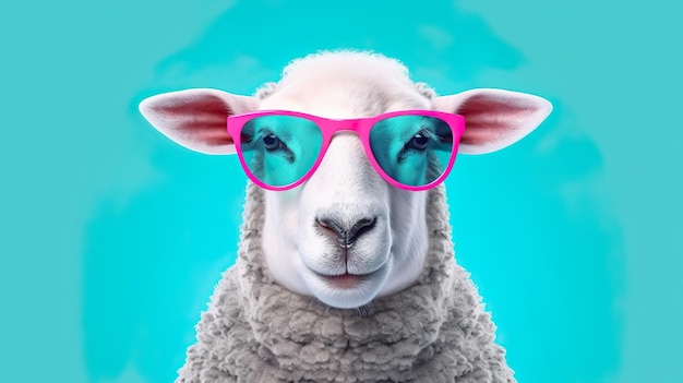 Funny sheep wearing sunglasses on blue pastel color background Generative AI