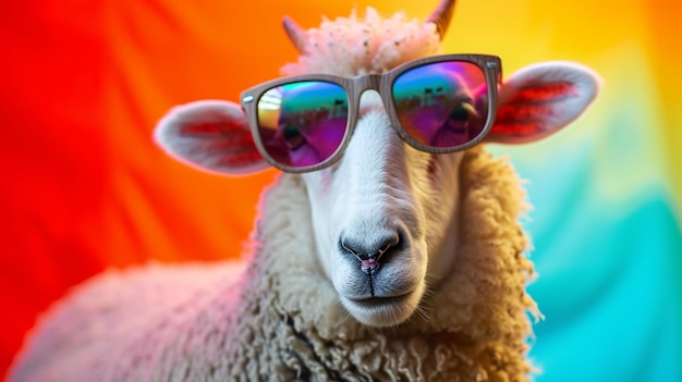 Funny sheep wearing sunglasses in studio with a colorful and bright background AI Generative