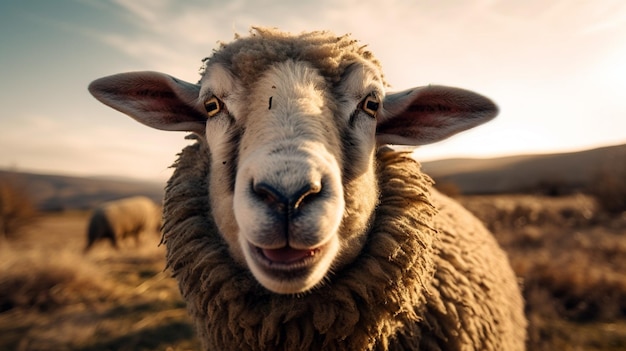 A funny sheep with its tongue sticking out photograph Generative AI