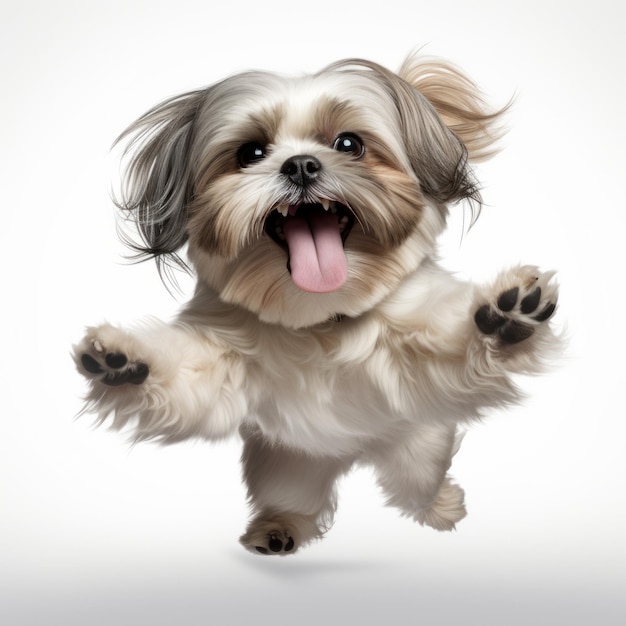 Смешная собака Ши-тцу прыгает от радости на белом фоне