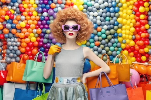 Funny shopping girl with multicolor bags ai generated