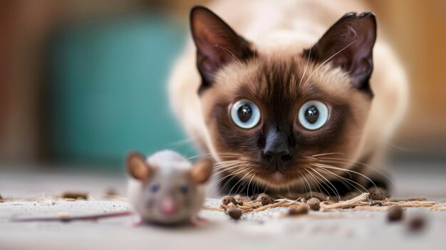 Funny Siamese cat hunting to mouse portrait of cute beige brown pet playing at home face of dangerous domestic animal focus on cat Concept of attack humor food