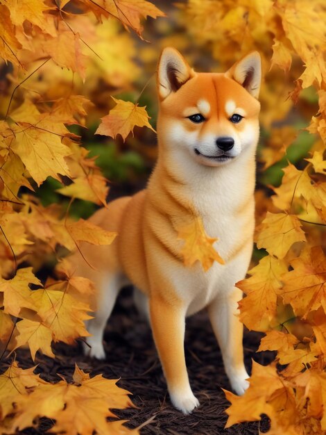 Funny siberian husky lying in the yellow leaves a maple leaf in the eye dog on the background of n