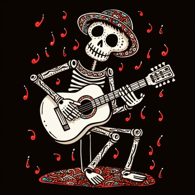 funny skeleton playing guitar illustration cartoon iso design for tshirt mug case