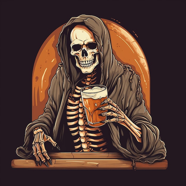 Funny skeleton with a mug of beer Gothic style art