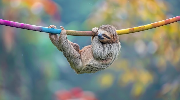 Photo funny sloth hanging on a rainbow rope the sloth is smiling and looks happy the background is a blur of green leaves