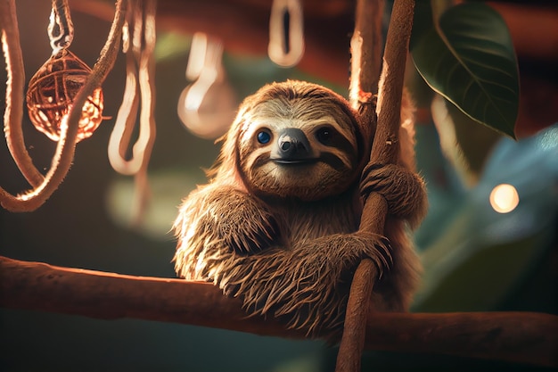 Funny Sloth Hanging on Tree Branchgenerative ai