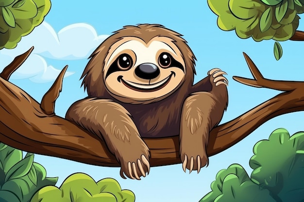 Photo funny sloth in nature drawn cartoon animal illustration