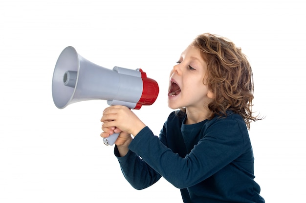 Funny small boy screeching through a megaphone