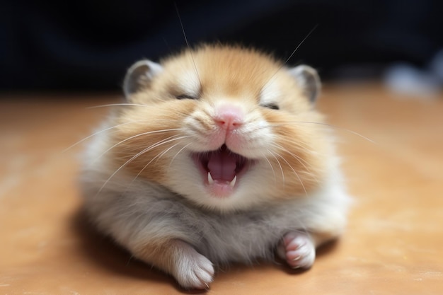 Photo funny small hamster with stuffed cheeks smiling looking at the camera