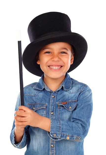 Funny small magician  with a top hat and a magic wand