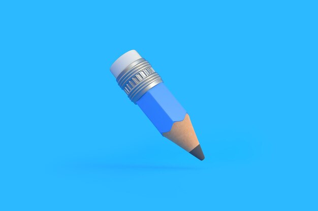 3D レンダリング イラスト ゴムエラザーで青い背景に飛ぶ面白い小さない木製の筆