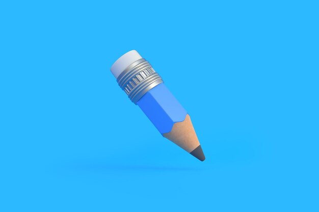 Funny small sharp wooden pencil with rubber eraser flying on blue background 3D render illustration