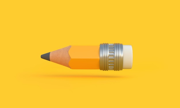 Funny small sharp wooden pencil with rubber eraser flying on yellow background 3D render