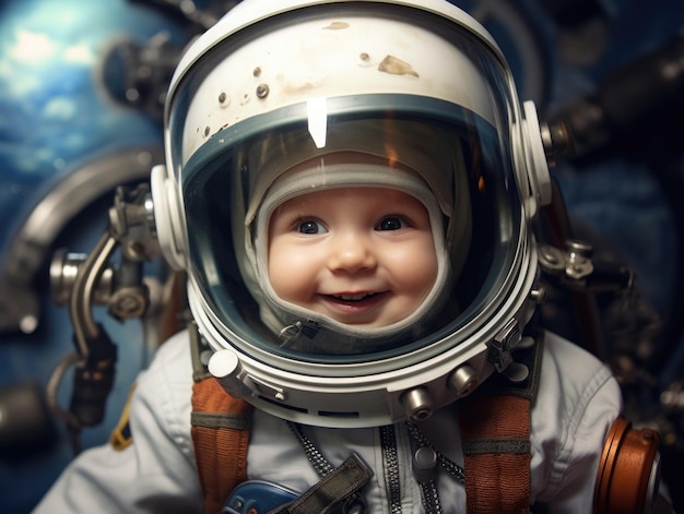 funny smiling baby as astronaut