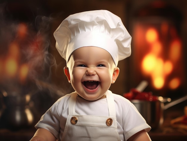 Photo funny smiling baby as chef