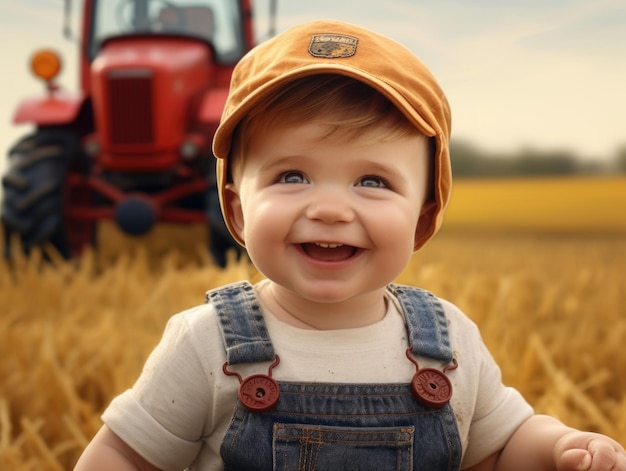 Photo funny smiling baby as farmer with horse