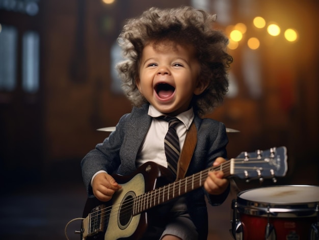 funny smiling baby as guitar player