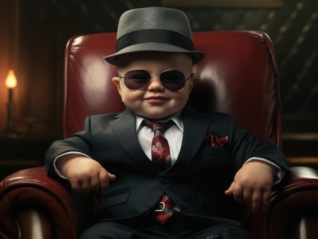 Photo funny smiling baby as mafia boss